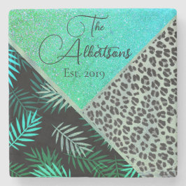 Familienaam Tropical Fern Leopard Glitter Stenen Onderzetter