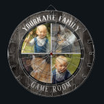 Familienaam Vier Foto Game Room Dartbord<br><div class="desc">De gekleurde achtergrond met douanenaam en vier fotooptie in het centrum van de raad. Andere kleuren in de winkel. Faux-houtextuur.</div>