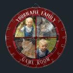 Familienaam Vier Foto Game Room Dartbord<br><div class="desc">De gekleurde achtergrond met douanenaam en vier fotooptie in het centrum van de raad. Andere kleuren in de winkel.</div>