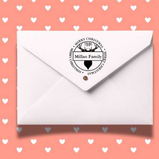 Familienaam Vrolijk Kerstmis Rendier thema Zelfinktende Stempel