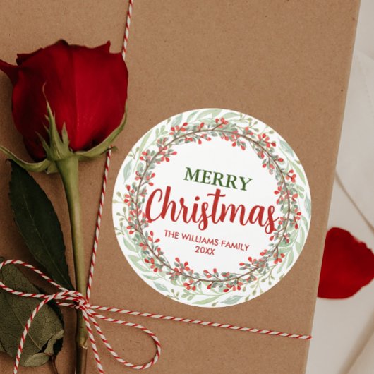 Familienaam Vrolijke Kerstmis Bloemkrans Ronde Sticker
