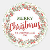 Familienaam Vrolijke Kerstmis Bloemkrans Ronde Sticker (Voorkant)