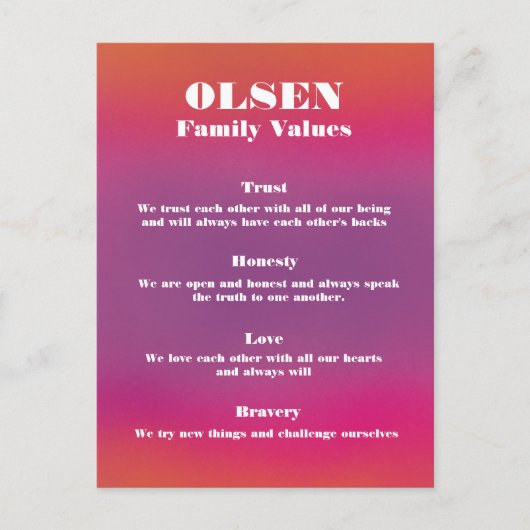 Familienaam Waarden Poster en bewerkbaar Briefkaart (Voorkant)