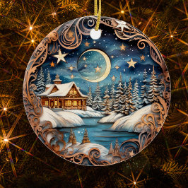 Familienaam Winter Cabin Forest gepersonaliseerd Keramisch Ornament