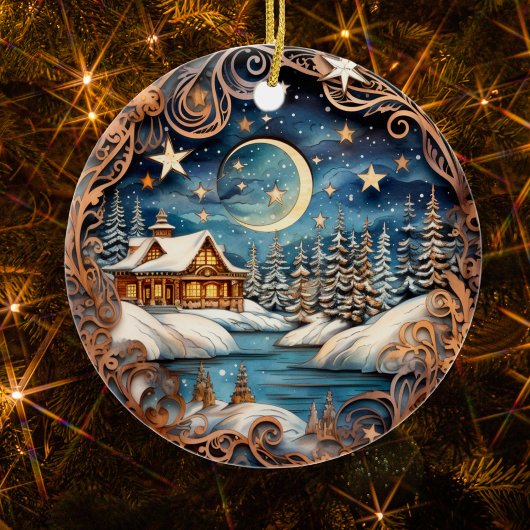 Familienaam Winter Cabin Forest gepersonaliseerd Keramisch Ornament