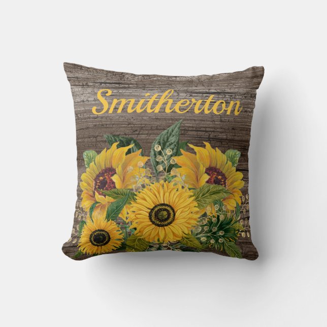Familienaam Yellow Sunflower Rustic Wood Kussen (Voorkant)