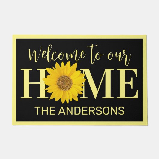Familienaam Zonnebloem Geel en Zwart Welkom Deurmat (Voorkant)