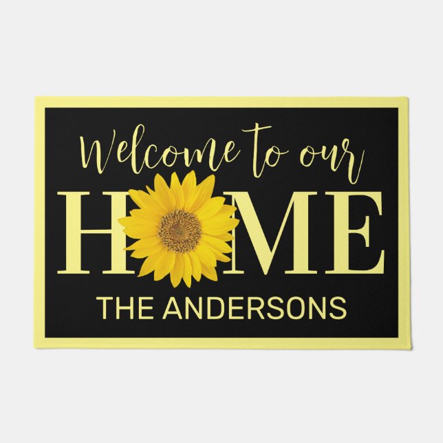 Familienaam Zonnebloem Geel en Zwart Welkom Deurmat (Voorkant)