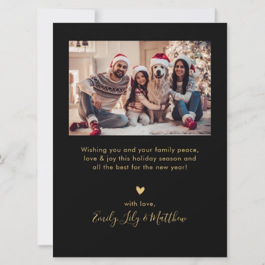Familienaam Zwart Goud 5 Fotocollage Kerstmis Feestdagenkaart (Achterkant)