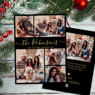 Familienaam Zwart Goud 5 Fotocollage Kerstmis Feestdagenkaart