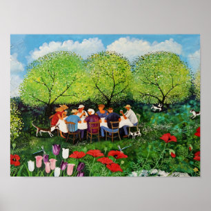 Familiepicknick in boomgaard volkskunst poster