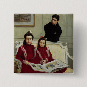 Familieportret van een jongen en zijn twee zussen, vierkante button 5,1 cm