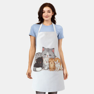 Familieportret van een kitten met knuffels schort