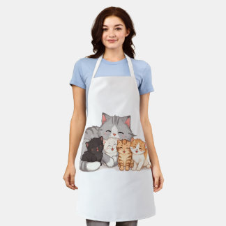 Familieportret van een kitten met knuffels schort