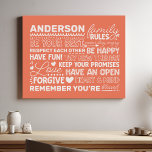 Familieregels Persoonlijke naam Positief Koraal Imitatie Canvas Print<br><div class="desc">Creëer Een warme en gastvrije sfeer in uw huis met deze gepersonaliseerde koraal canvas print. Met een modern ontwerp met hartverwarmende familieregels en ruimte om uw familienaam toe te voegen in witte tekst, is deze kunst aan de muur een prachtige manier om uw unieke band te vieren. Een perfecte aanvulling...</div>