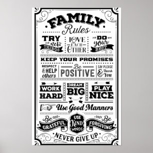 Familieregels zwart-wit poster