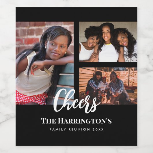 Familiereünie 3 Sectie Fotocollage Zwart Lijst Wijn Etiket (Enkel label)