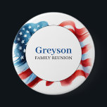 Familiereünie Buttonnen Rood Wit en Blauw Thema Ronde Button 7,6 Cm<br><div class="desc">Vier uw volgende familiebijeenkomst met deze aangepaste familieherenigingsknoppen, met een prachtig waterverf Amerikaans vlaggenontwerp in vet rood, wit en blauw. Perfect als familiebijeenkomsten, aandenken badges, deze pins zijn een zinvolle en leuke aanvulling op uw aanpasbare reünie swag. 🌳 Persoonlijke touch – Pas elke knop aan met uw familienaam en evenementgegevens...</div>