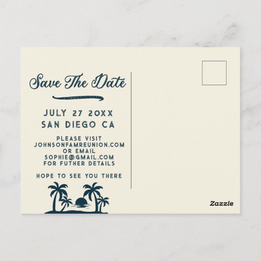  familiereünie Save the Date Beach Palms Briefkaart (Achterkant)