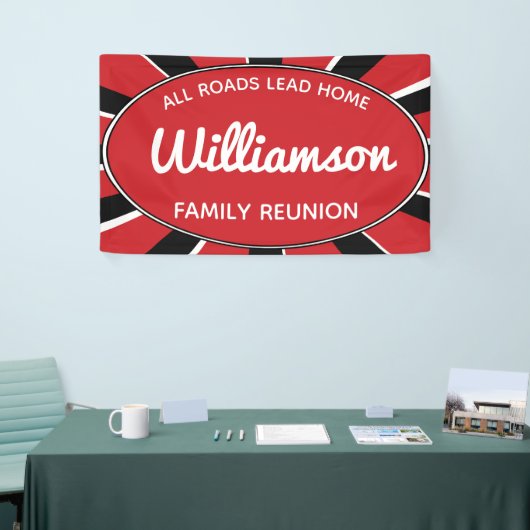 Familiereünie verzamelt zwart, rood en wit eveneme spandoek (Beurs)