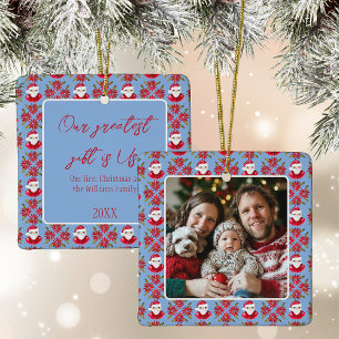 Familie's Eerste Kerstmis 1 Foto Santa Poinsettia Keramisch Ornament