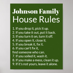Familie's House Rules Donkergroen en wit Sjabloon Poster