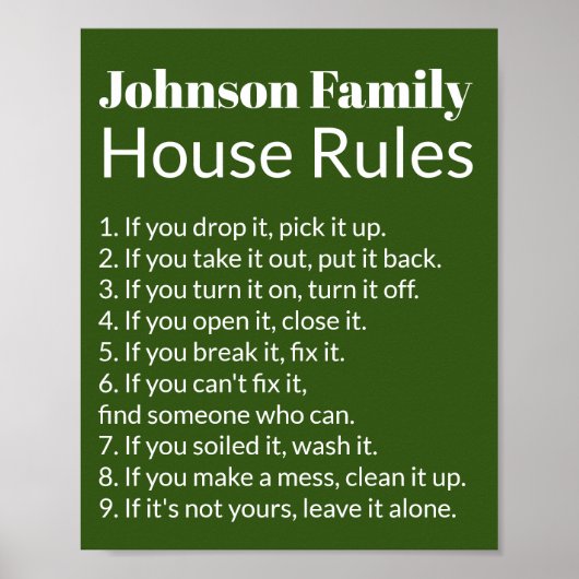 Familie's House Rules Donkergroen en wit Sjabloon Poster (Voorkant)