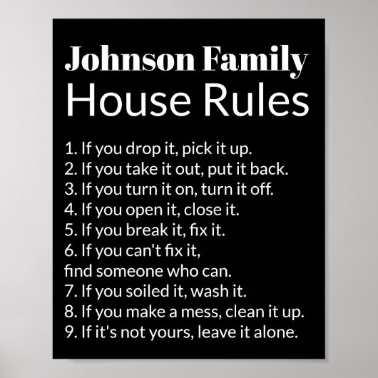 Familie's House Rules Zwart-wit Tekst Sjabloon Poster (Voorkant)