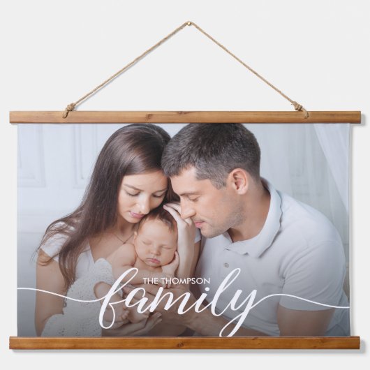 Familiescript wit Overlay Aangepaste foto Hangend Wandkleed (Voorkant)