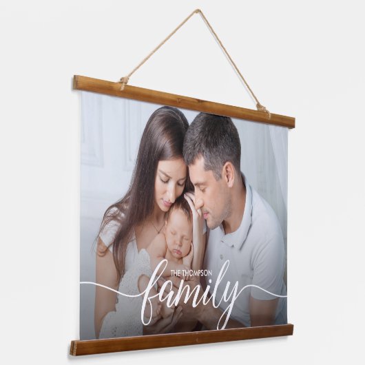 Familiescript wit Overlay Aangepaste foto Hangend Wandkleed (Gebogen)