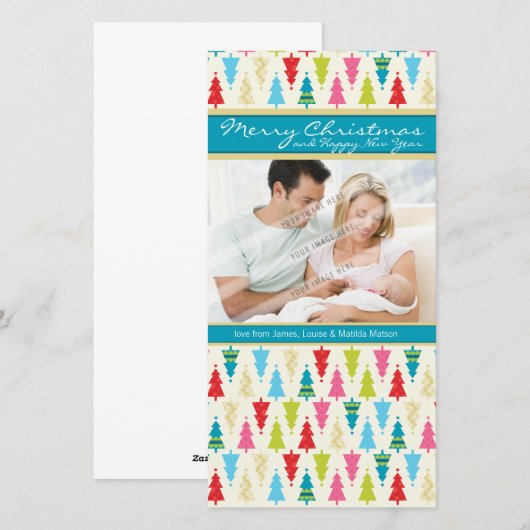 FAMILIEVAKANTIE FOTOKAART :: patternedxmastree 1P Feestdagenkaart (Voorkant / Achterkant)