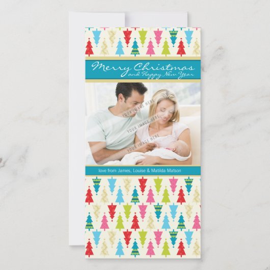 FAMILIEVAKANTIE FOTOKAART :: patternedxmastree 1P Feestdagenkaart (Voorkant)