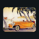 familievakantie in een converteerbare auto magneet<br><div class="desc">Vintage illustratie,  reis- en transportafbeelding met een gezin dat in een oranje antiek converteerbare auto langs de kust van Florida rijdt. Een vrouw is waterskiën en palmbomen zwaaien in de zachte bries.</div>