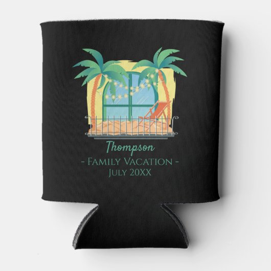 Familievakantie met namen en Initiaal-strand Blikjeskoeler (Voorkant)