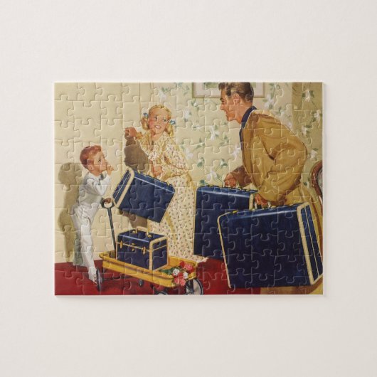 familievakantie, vader, Kinderen en koffers Legpuzzel (Horizontaal)