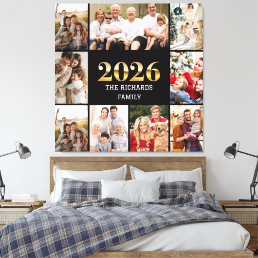 Family 2026 Photo Collage Custom Script Name Canvas Afdruk (Insitu (Slaapkamer))