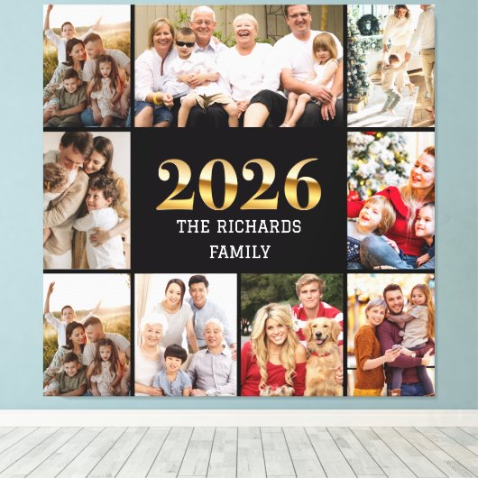 Family 2026 Photo Collage Custom Script Name Canvas Afdruk (Insitu (Houten vloer))