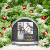 family 3 photo collage black gold script magnet sneeuwbol (Kerstmis)