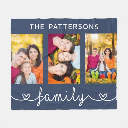 Family 3 Photo Template Personalized Script Fleece Deken (Voorkant (Horizontaal))