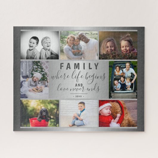 Family 8 Photo Collage Silver Gezegde Trendy Scrip Legpuzzel (Horizontaal)