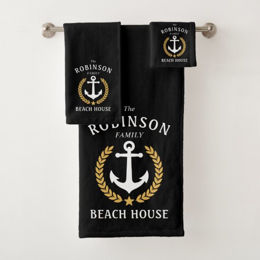 Family Beach House Anchor Gold Laurel Star Black Bad Handdoek (Insitu)