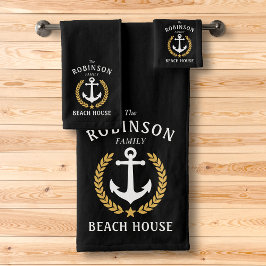 Family Beach House Anchor Gold Laurel Star Black Bad Handdoek