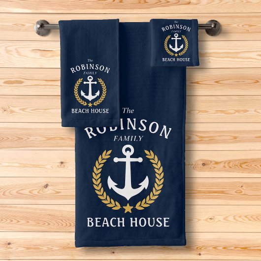 Family Beach House Anchor Gold Laurel Star Blue Bad Handdoek