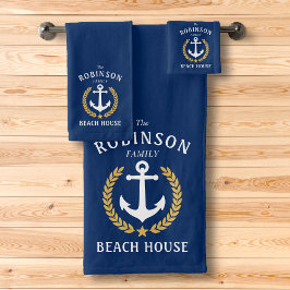 Family Beach House Anchor Gold Laurel Star Navy Bad Handdoek