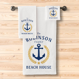 Family Beach House Anchor Gold Laurel Star White Bad Handdoek