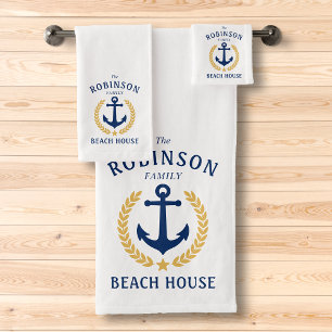 Family Beach House Anchor Gold Laurel Star White Bad Handdoek