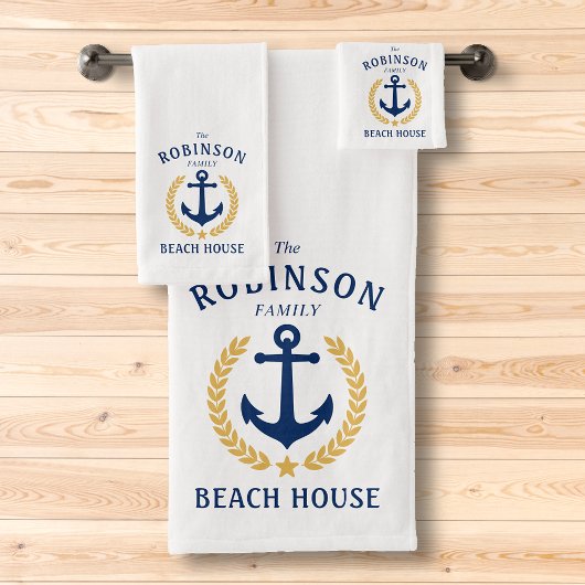 Family Beach House Anchor Gold Laurel Star White Bad Handdoek