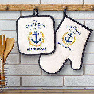 Family Beach House Anchor Gold Laurel Star White Ovenwant & Pannenlap Set