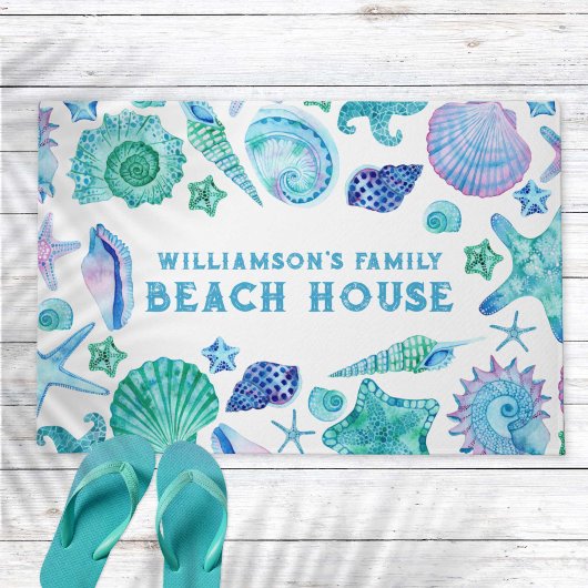 Family Beach House Blue Summer Sea Shells Deurmat