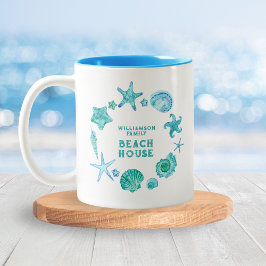 Family Beach House Blue Waterverf Sea Shells Tweekleurige Koffiemok